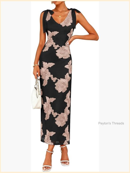 Dresses & Skirts - Floral Embroidered Maxi Dress Sleeveless V Neck Tie Strap Mesh Cocktail Dress